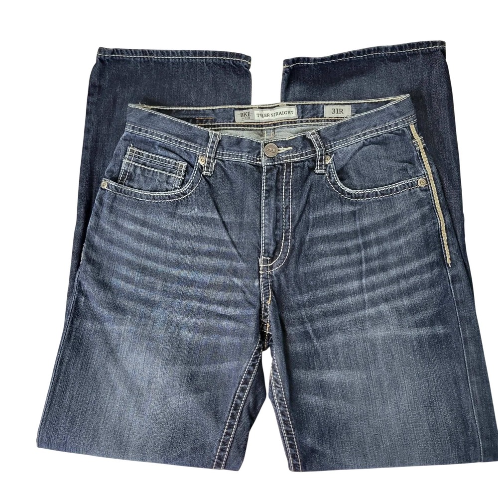 BKE Tyler Straight Jeans Mens 31R Dark Wash Whiskering Thick Stitch 31x31 Preppy
